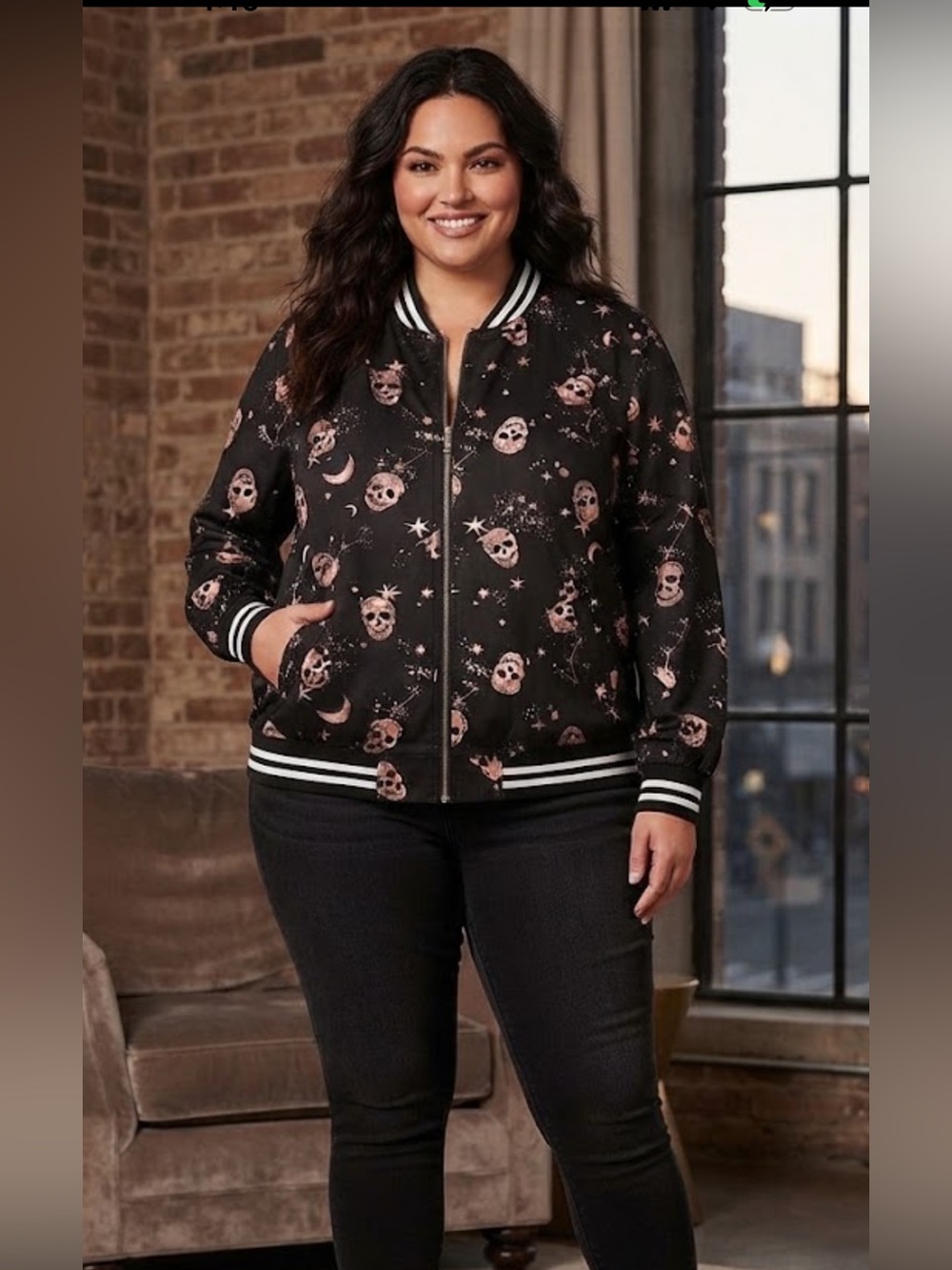 torrid NWT Black Bomber Jacket with Rose/Gold Skull Constellation Print